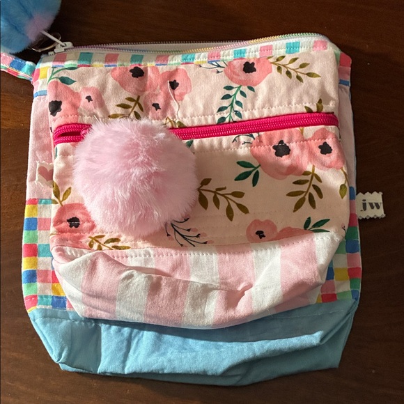 Kids Pink Floral & Patchwork Backpack with Pom Pom Keychain - Picture 4 of 6